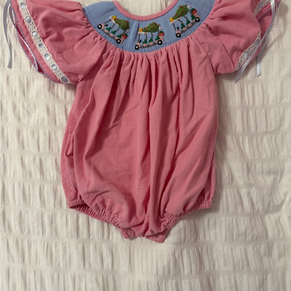 Pink Baby Smock with Embroidered Golf Carts and Christmas Trees